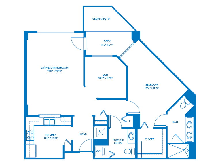 Sonoma - 1092 square feet - 1 Bed, 1.5 Bath + Den 2D floor plan. 