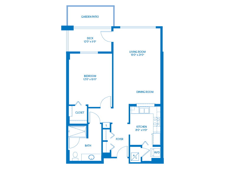 Mendocino - 928 square feet - 1 Bed, 1 Bath 2D floor plan. 