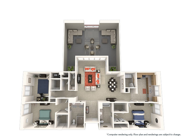 Santa Cruz - 2030 square feet - 2 Bed, 2.5 Bath + Den 3D floor plan. 